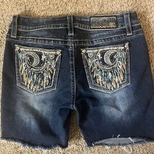 Miss Me Blue Jean Shorts with Distressed Hem and Embroidery